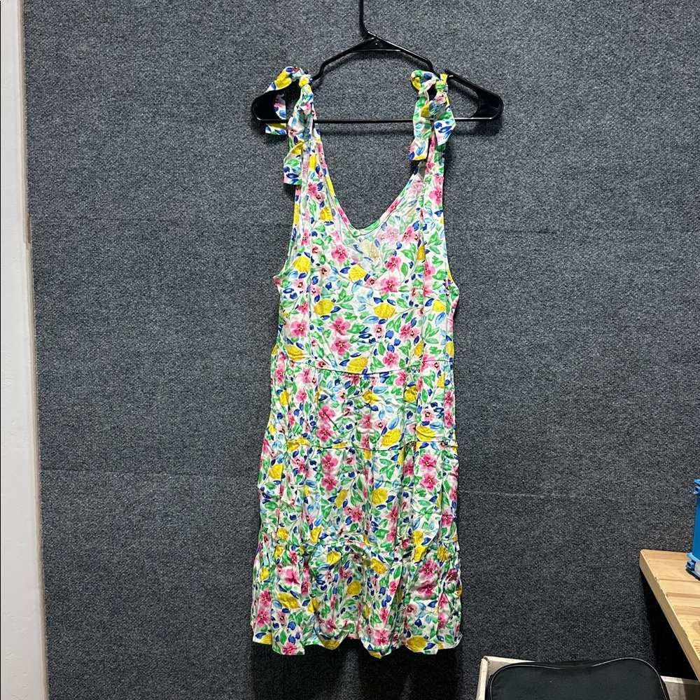 French Grey Floral Shoulder Tie Sundress Medium NWOT | Lemon Floral Summer Dress - Picture 2 of 7
